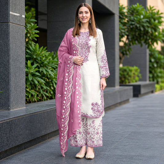 Luxury chiffon heavy embroidered 3 piece unstitched suit with embroidered chiffon dupatta | Muntaha Store