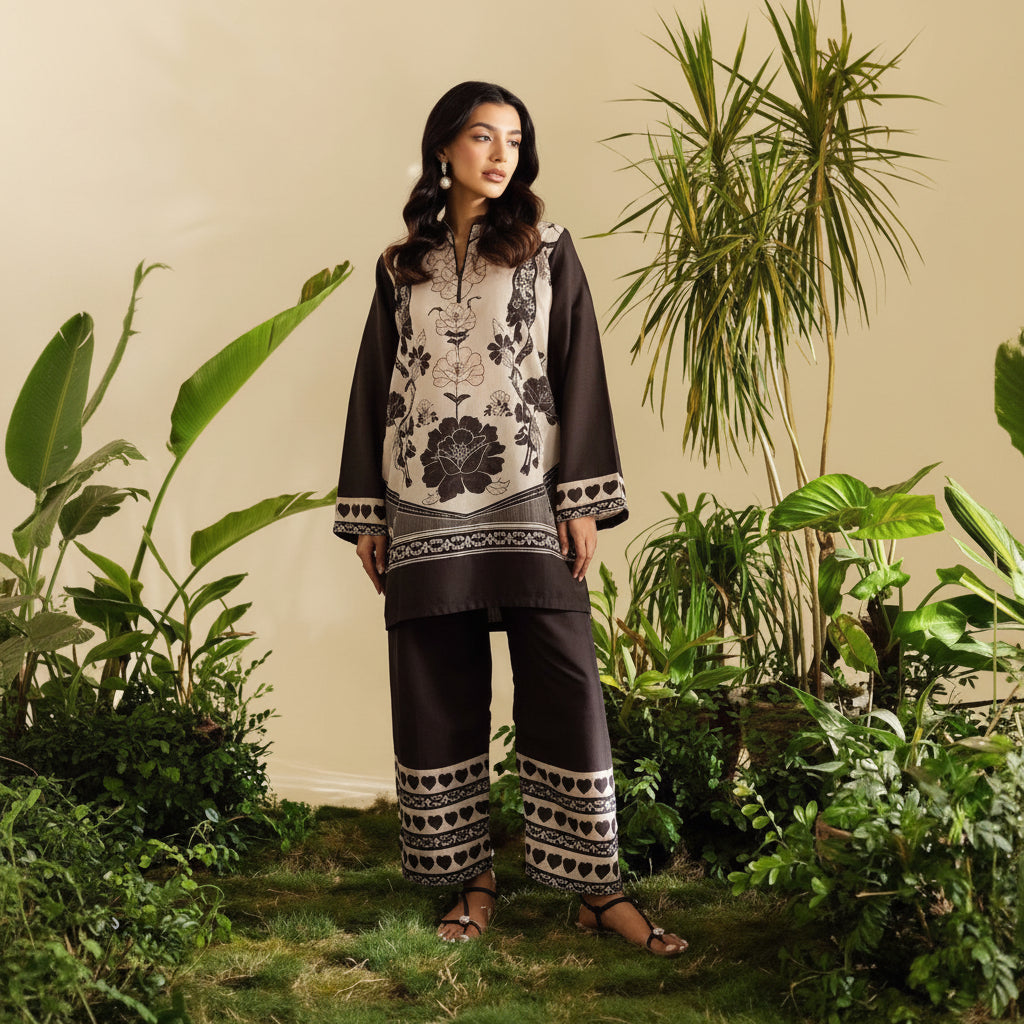 Woman in a black and white patterned outfit standing among plants