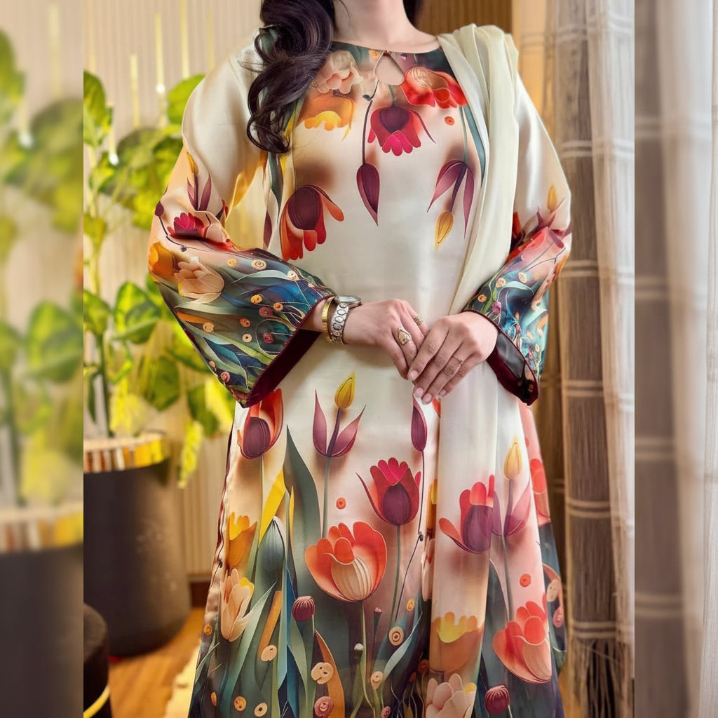 Woman wearing a floral dress with a blurred background