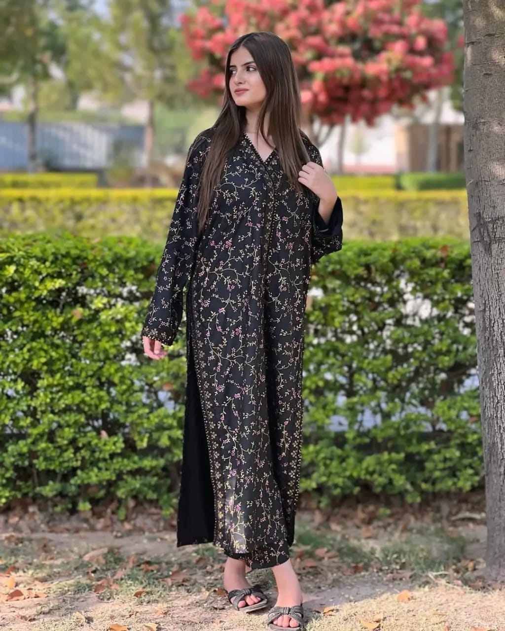 Midnight Gold 2 Piece Printed Arabic Lawn Suit with embroidered neckline and side patches | Muntaha Store