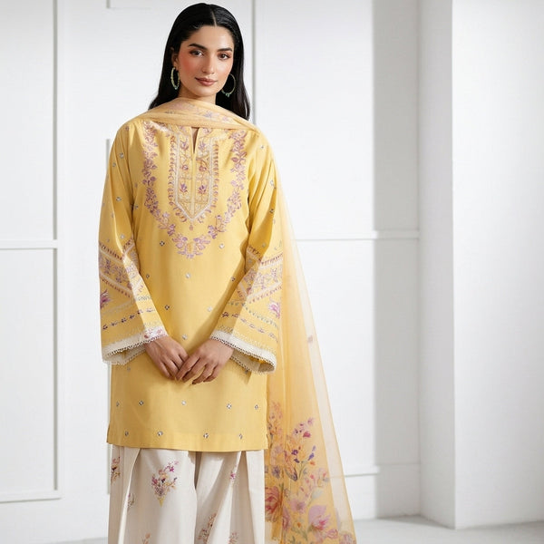 Mustard Yellow Embroidered Stitched 3 Piece Suit