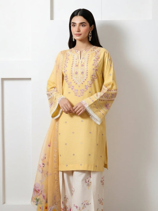 Mustard Yellow Embroidered Stitched 3 Piece Suit