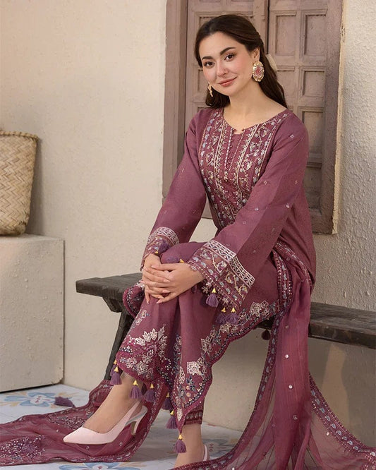 Embroidered Cotton Lawn 3-Piece Stitched Suit with Chiffon Embroidered Dupatta