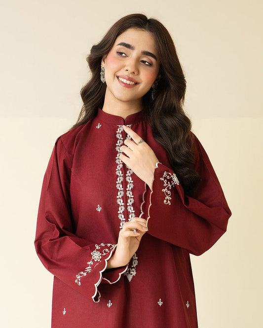 2 Pcs Women's Stitched Lawn Embroidered Shirt And Trouser