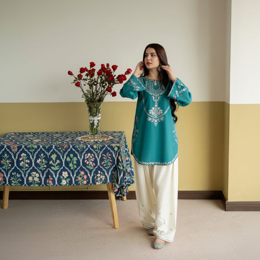 Woman in a teal embroidered top and white pants standing in a room with a table and vase of flowers.