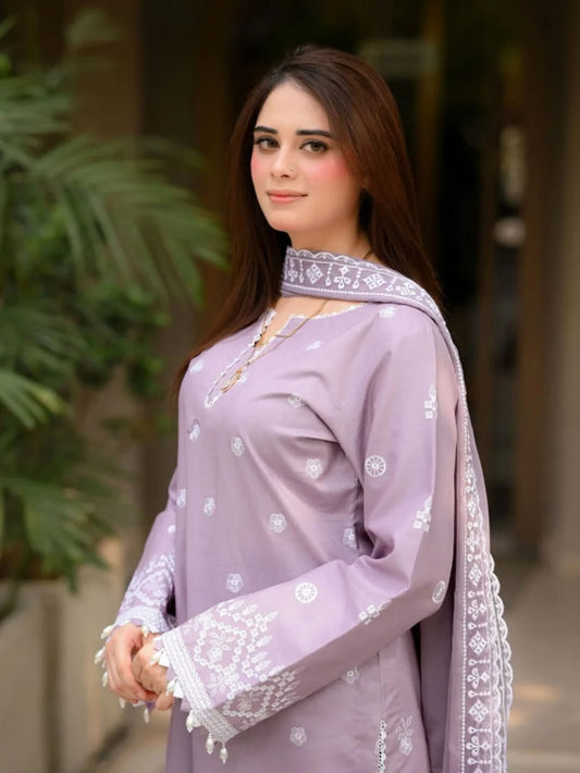 Pastel Lavender Embroidered Cotton Lawn Stitched 3PC Suit | Elegant Women’s Dress