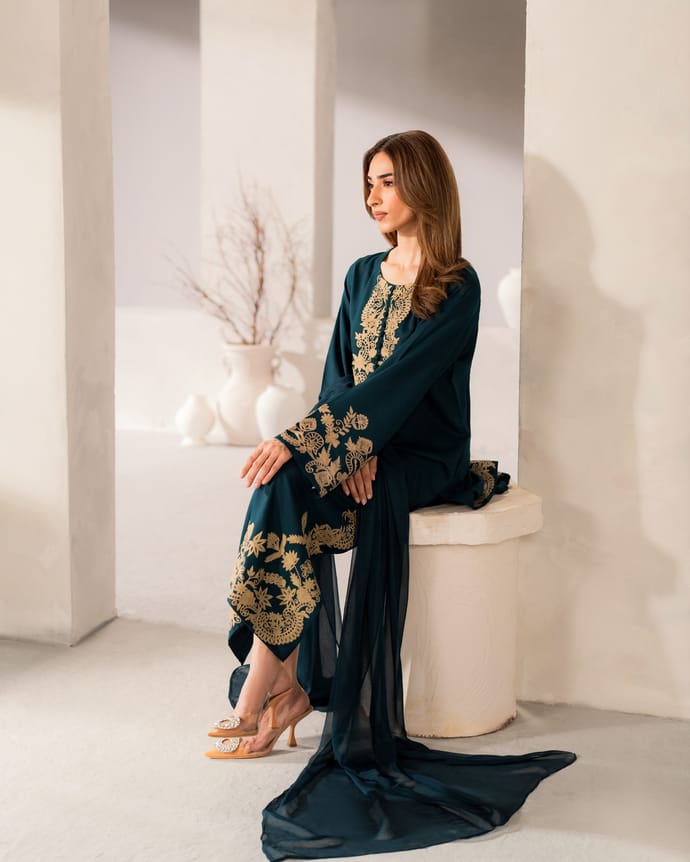 Elegant Teal Silk Printed 2PC Suit | Luxury Printed Dress, Women’s Silk Suit