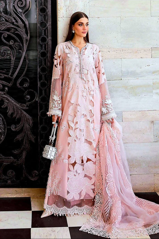 A woman models a light pink traditional embroidered outfit with matching sheer dupatta, standing against a stone wall and black metal gate.