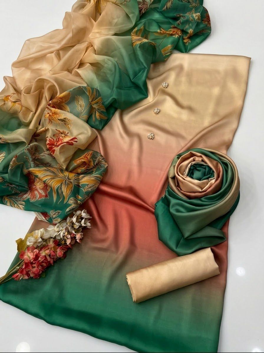 Tie N Die Ladies Unstitched Digital Printed Shamooz Silk 3-Piece Suit, beige and green suit