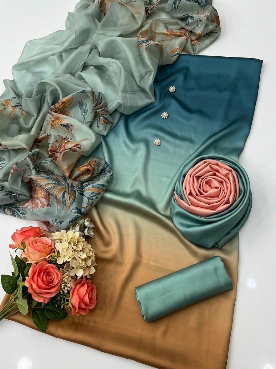 Tie N Die Ladies Unstitched Digital Printed Shamooz Silk 3-Piece Suit, Teal blue