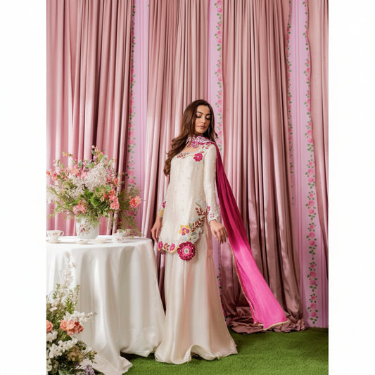 Woman in a white dress with floral embellishments standing in front of pink curtains.
