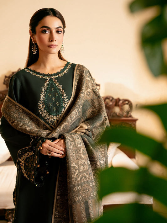 Woman wearing a dark green embroidered dress with a matching shawl in an indoor setting.