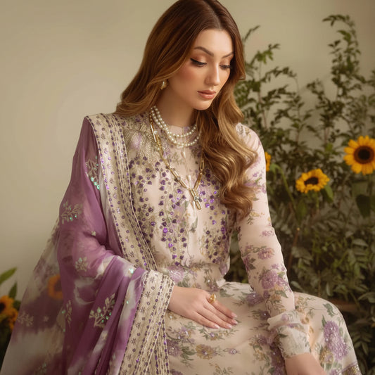 A woman wearing a traditional South Asian salwar kameez outfit in beige and lavender. The outfit features intricate floral embroidery, beadwork, and a matching sheer purple dupatta.