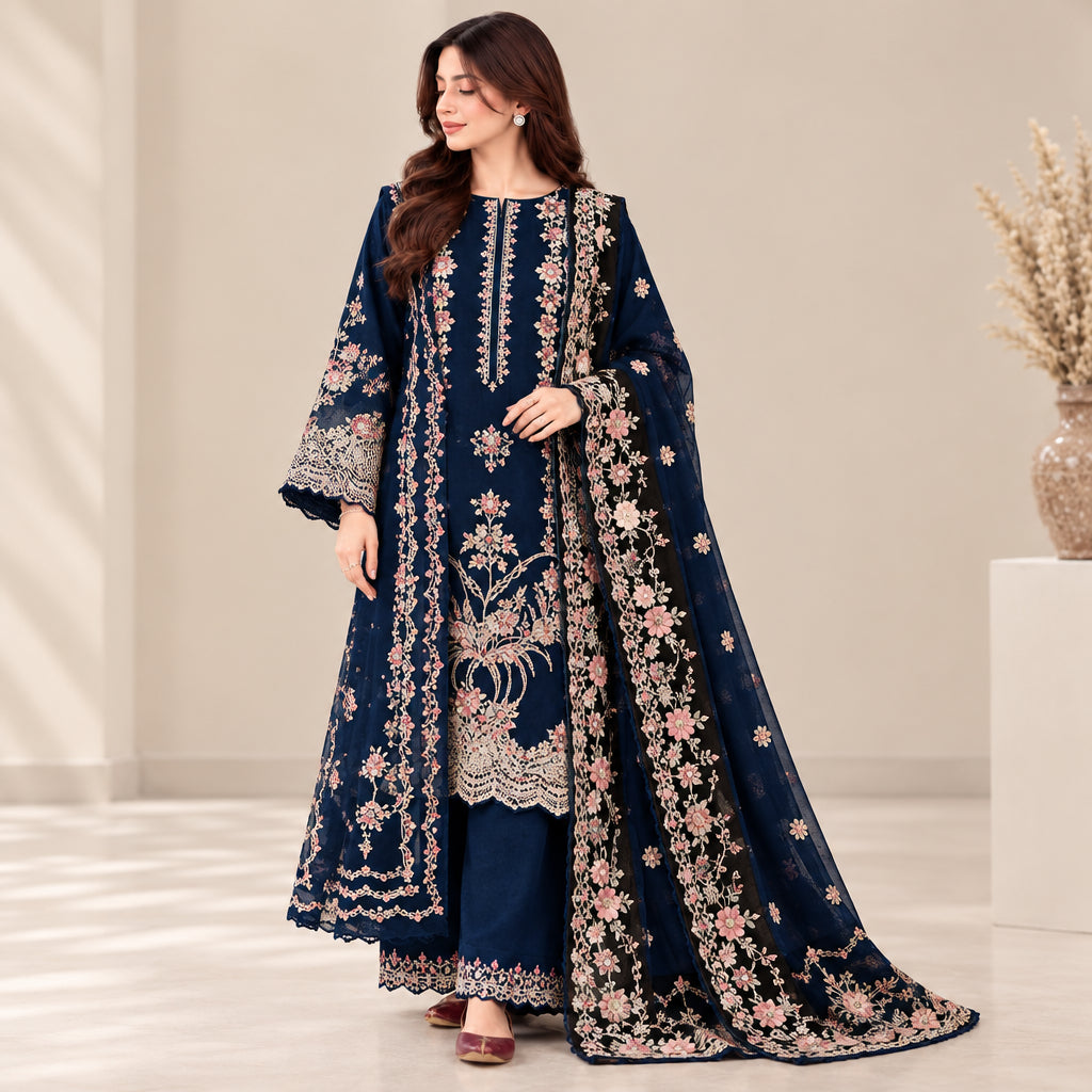Aneela’s winter Dhanak heavy embroidered 3 piece suit with applique shawl | Muntaha Store