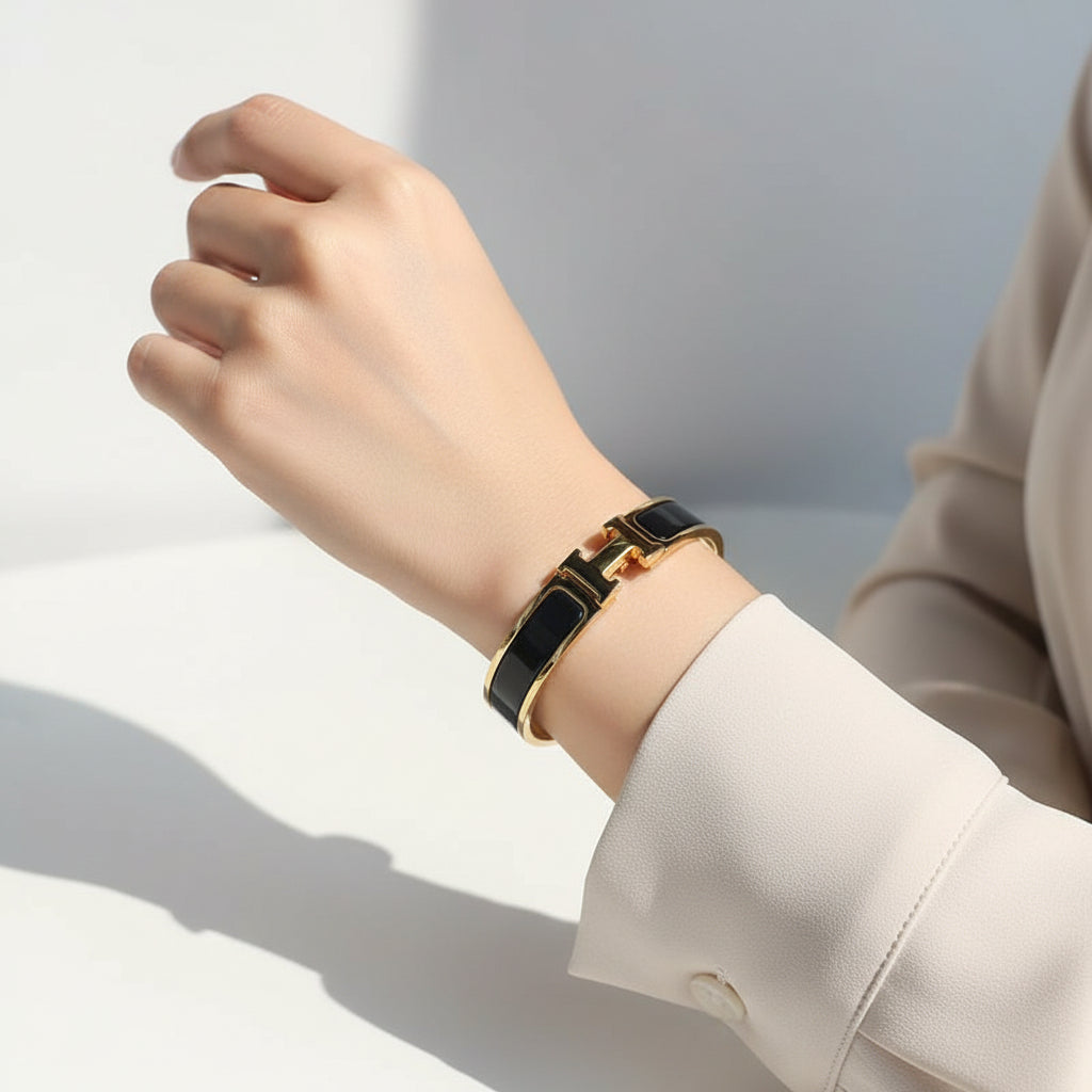 Black and gold stainless steel handcuff bracelet for women