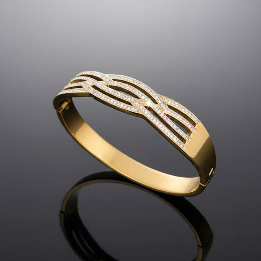 Black and gold stainless steel handcuff bracelet with stones for women