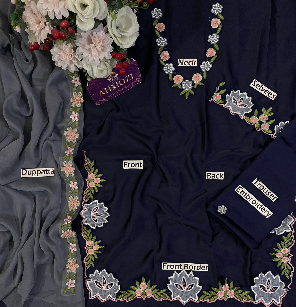 Navy blue embroidered Shamoz silk shirt with embroidered border and contrasting light grey chiffon dupatta.   