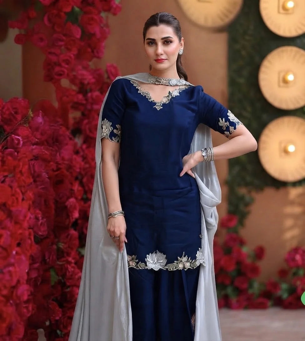 Navy blue embroidered Shamoz silk shirt with embroidered border and contrasting light grey chiffon dupatta.   