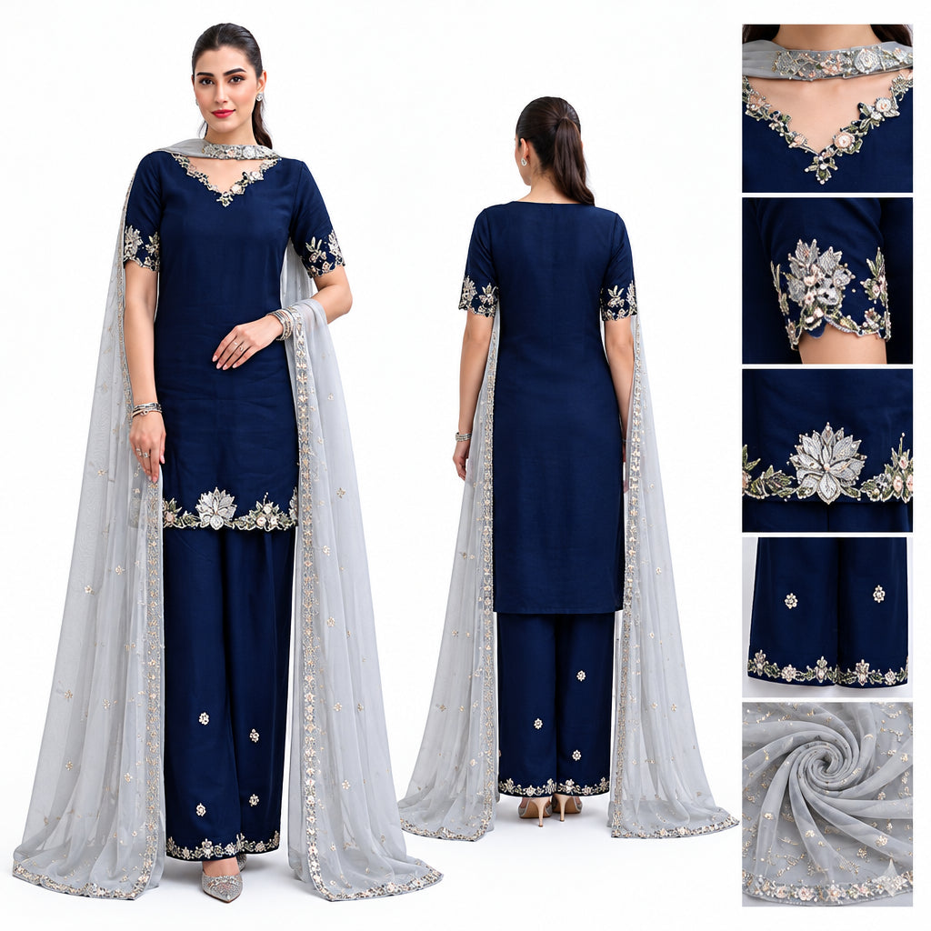 Embroidered Shamoz silk 3 piece suit with chiffon dupatta in navy blue | Muntaha Store
