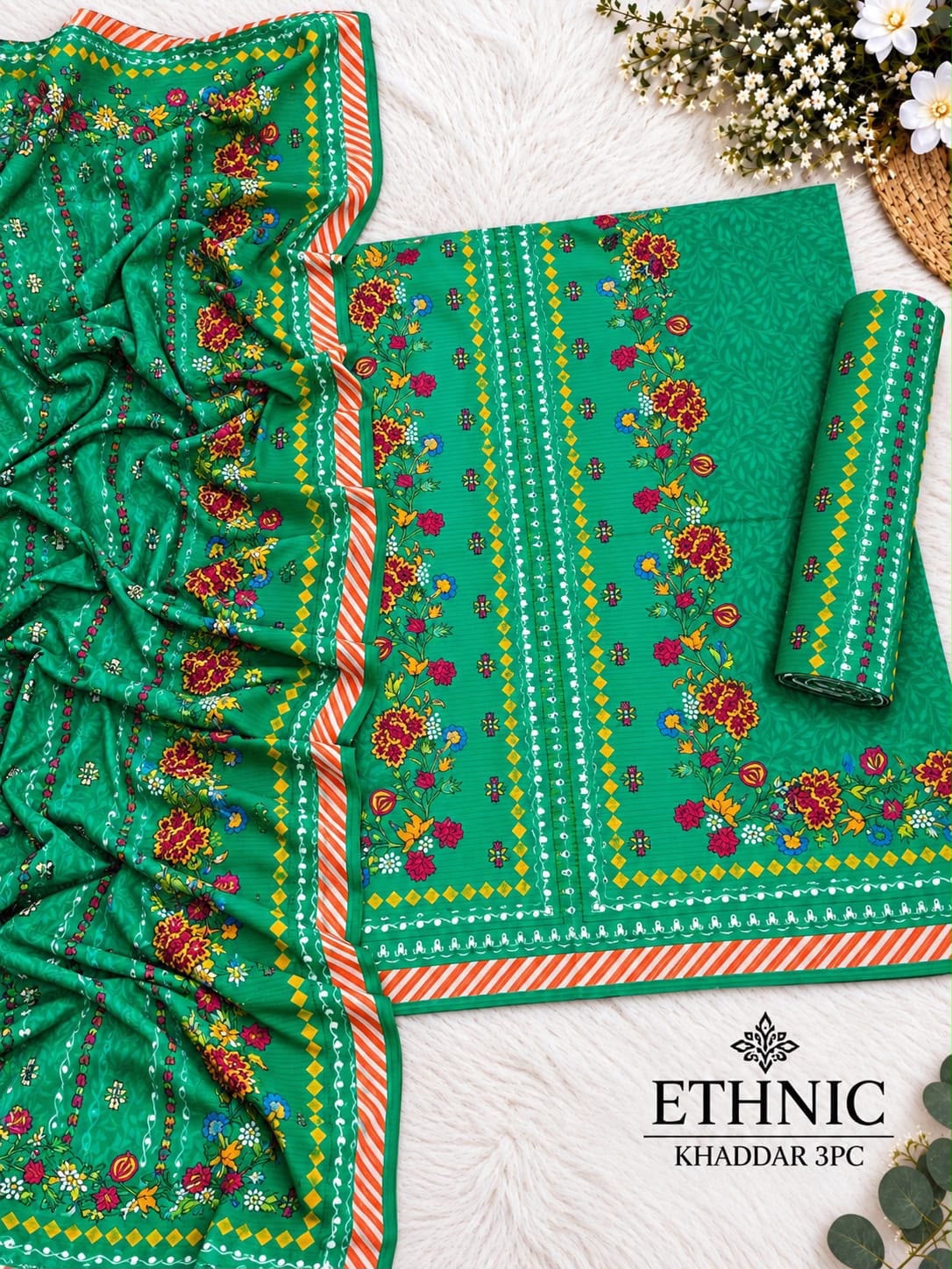 Ethnic 3 Piece Printed Khaddar Suit with printed dupatta | Muntaha Store