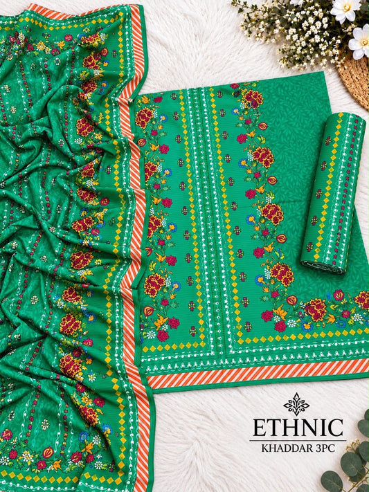 Ethnic 3 Piece Printed Khaddar Suit with printed dupatta | Muntaha Store