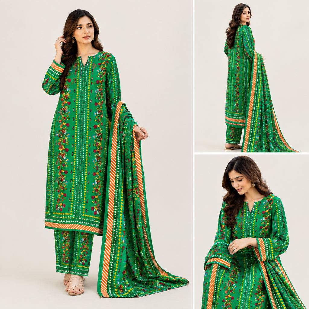 Ethnic 3 Piece Printed Khaddar Suit with printed dupatta | Muntaha Store