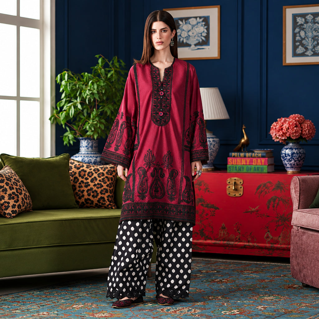 Ethnic embroidered Shamoze silk 2 piece unstitched suit in deep red | Muntaha Store