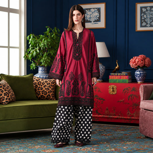 Ethnic embroidered Shamoze silk 2 piece unstitched suit in deep red | Muntaha Store