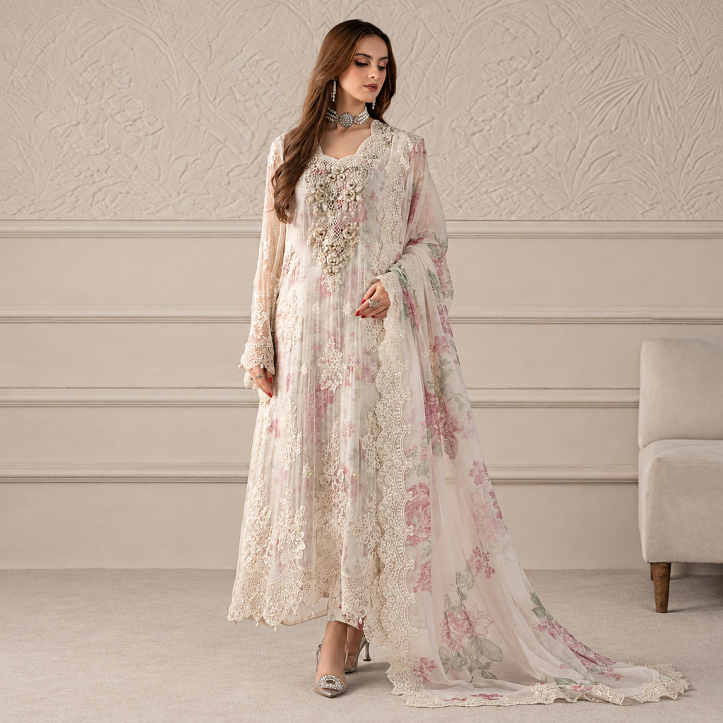 Floral embroidered chiffon 3 piece unstitched suit with tassel dupatta | Muntaha Store