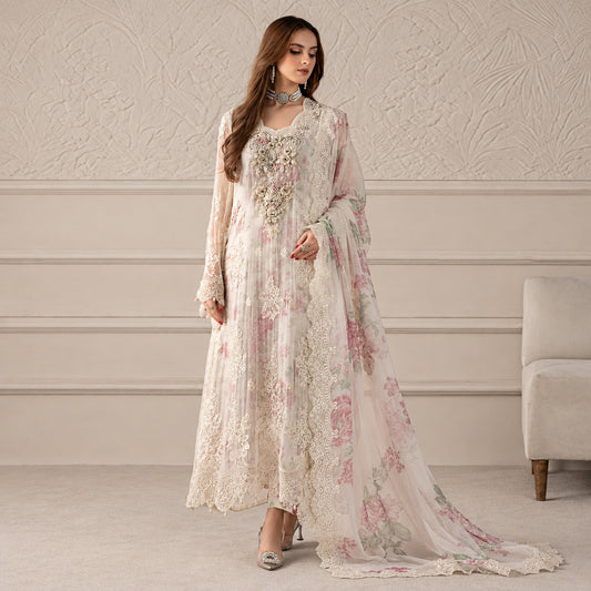 Floral embroidered chiffon 3 piece unstitched suit with tassel dupatta | Muntaha Store