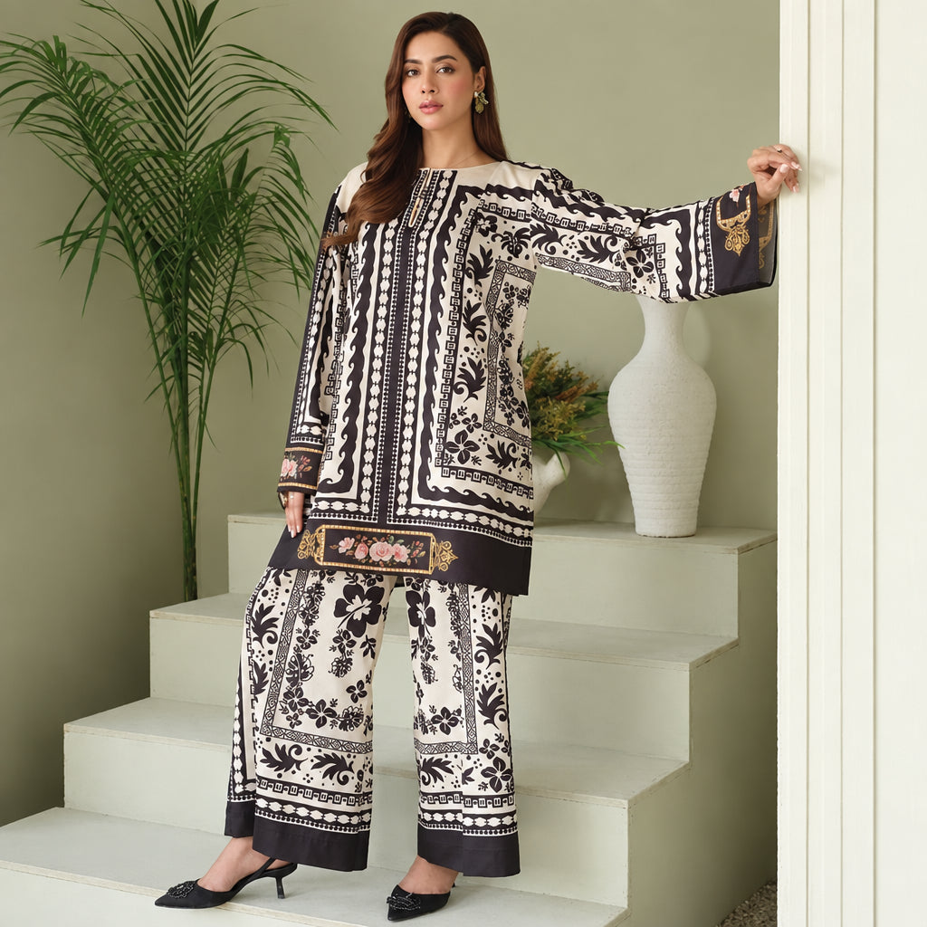 A woman models a two-piece printed kurta and trouser set in a styled indoor setting with steps, a potted plant, and a white vase. The outfit features a cream base with black and brown traditional patterns and borders.
