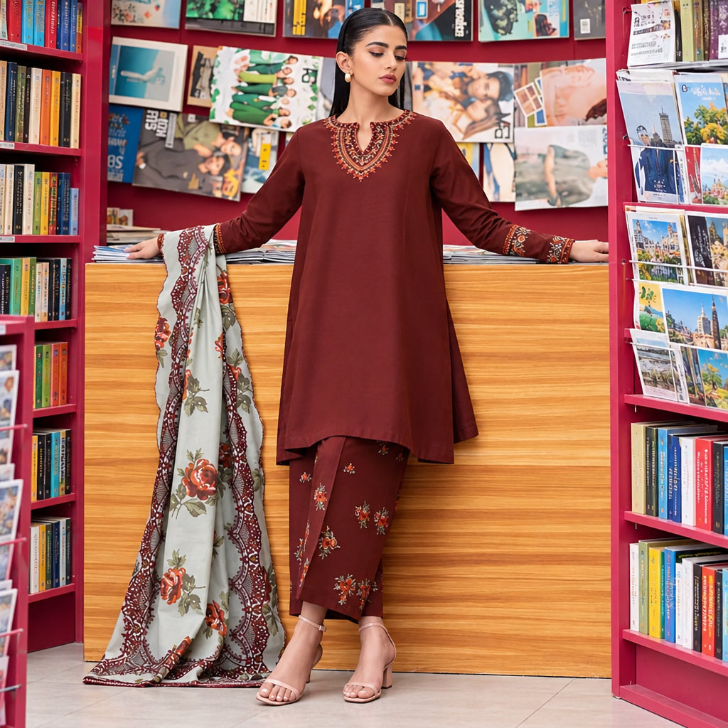 Woman in a brown traditional outfit standing in front of a wooden counter with a colorful background.
