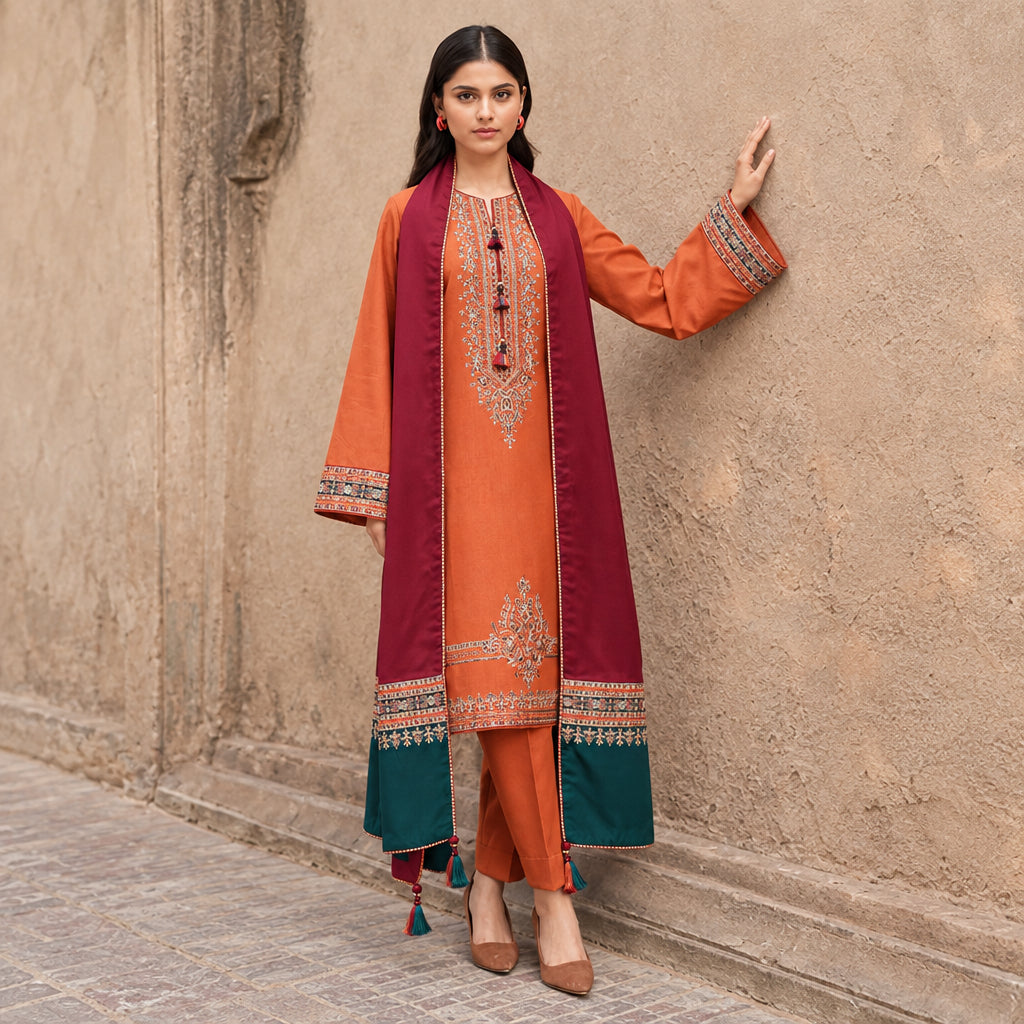 Woman wearing an orange and red embroidered traditional outfit against a stone wall.