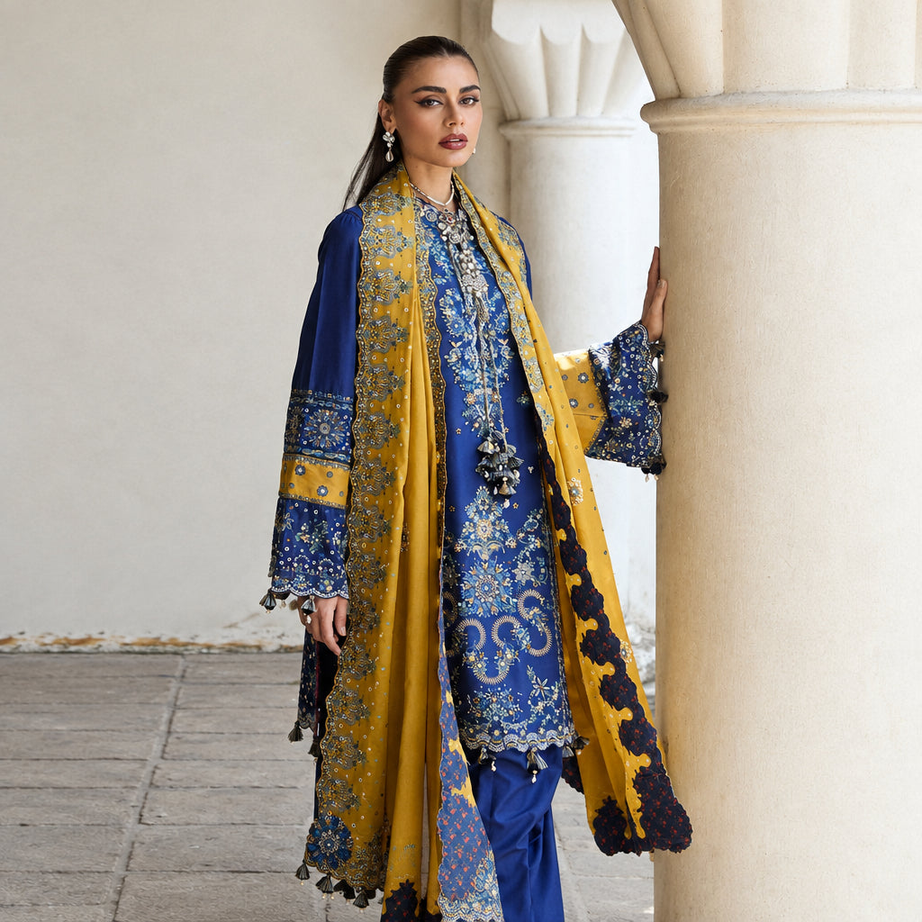 Hussain Rehar embroidered Dhanak 3 piece suit with digital printed wool shawl in royal blue | Muntaha Store