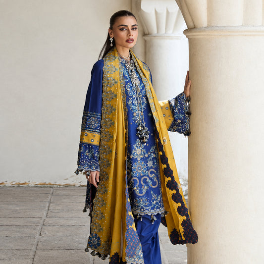 Hussain Rehar embroidered Dhanak 3 piece suit with digital printed wool shawl in royal blue | Muntaha Store