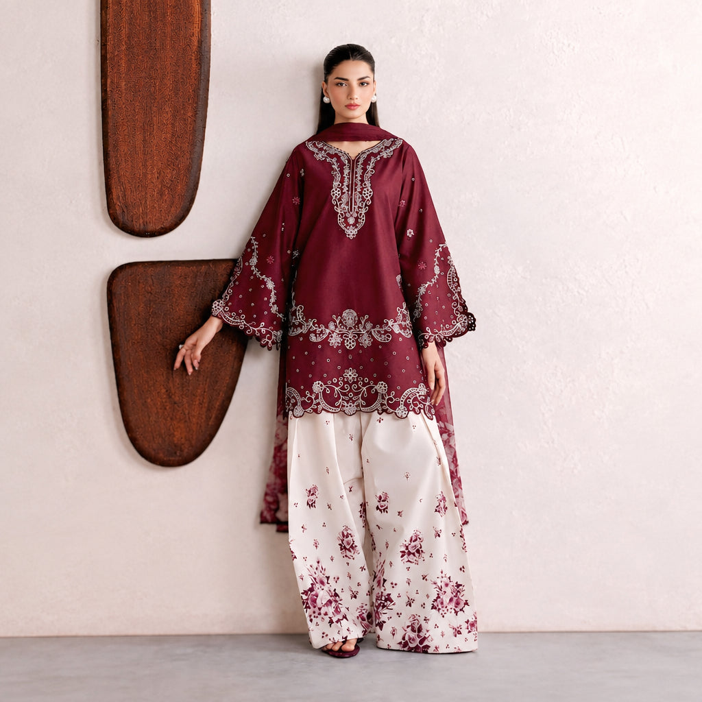 Iznik NF-448 unstitched 3-piece suit featuring embroidered Shamoze silk shirt and floral printed Apple Silk dupatta in deep maroon and classic blue.