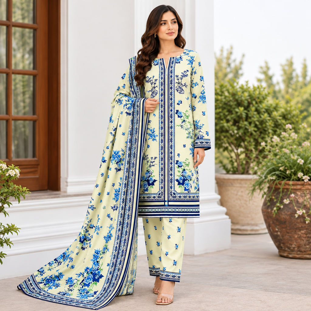 A woman models a traditional Indian salwar kameez suit set in a light cream color with blue floral prints and borders, including a matching dupatta, set against an outdoor patio background.