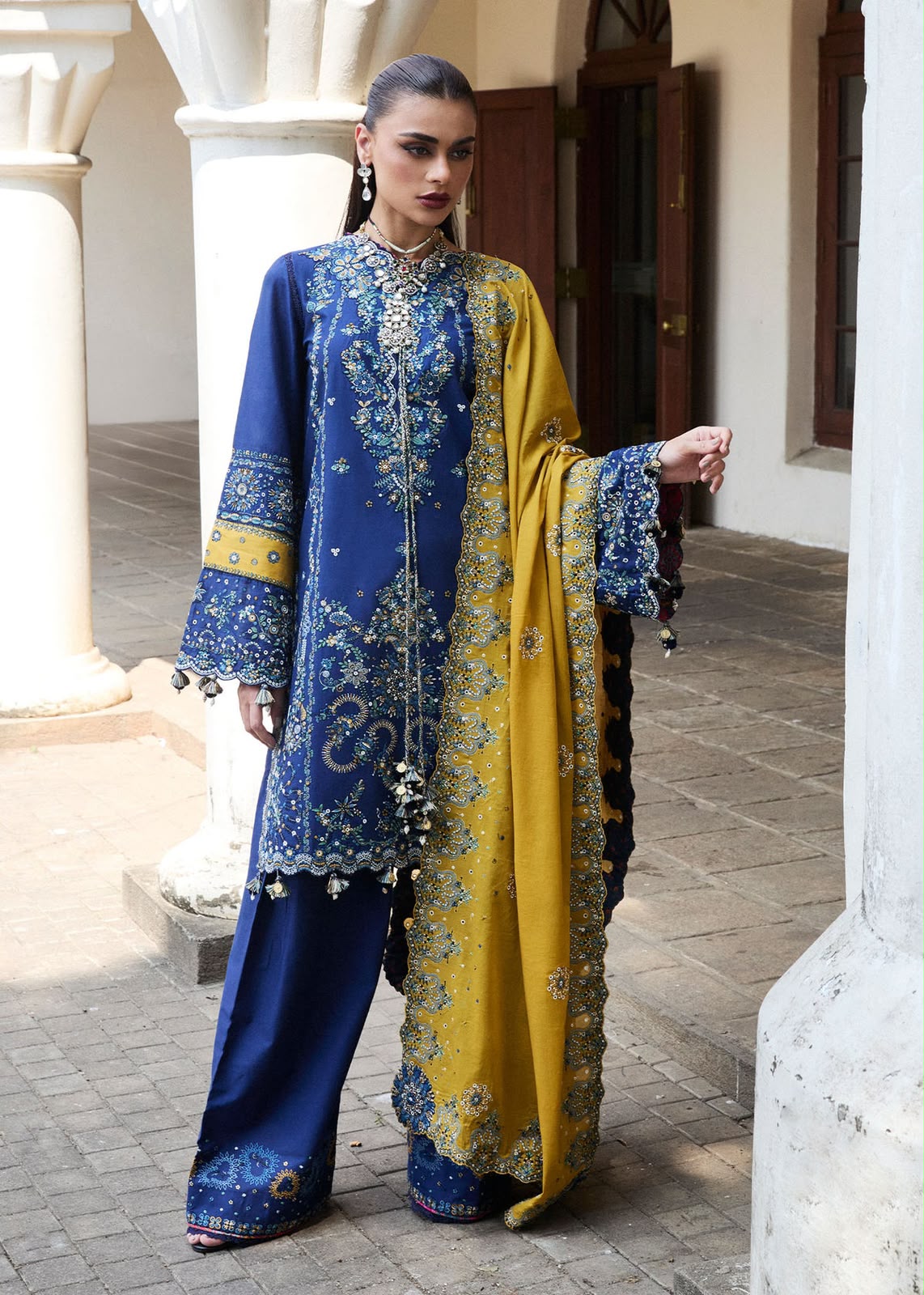 Royal blue embroidered Dhanak shirt and trouser with a contrasting mustard yellow digital printed wool shawl.
