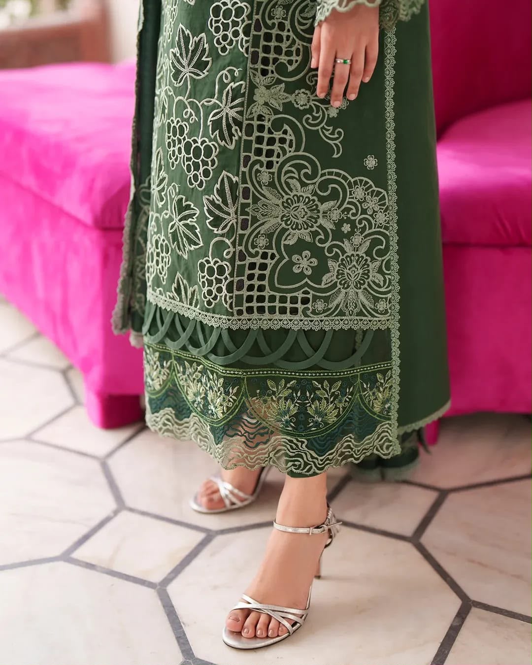 Dark green Mahnur embroidered Dhanak 3 piece suit with a matching embroidered shawl and trouser.   