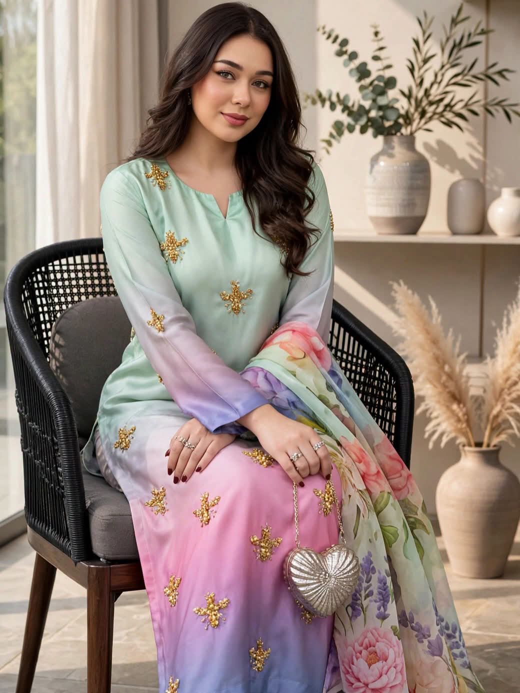 A woman seated in a black woven chair wearing a pastel mint green, lavender, and pink gradient traditional outfit with gold embroidered motifs and a floral dupatta. She holds a small metallic heart-shaped handbag in a styled indoor setting with vases and dried plants.