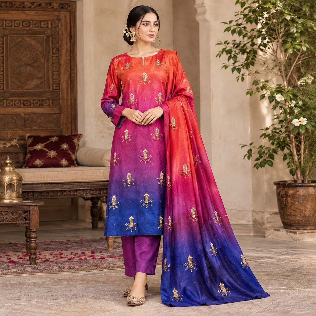 A woman models a traditional Indian salwar kameez suit set in a beautifully decorated indoor setting. The set features a long kurta with a vibrant red-to-purple-to-blue gradient and gold embroidered motifs, paired with matching purple trousers and a coordinating dupatta.