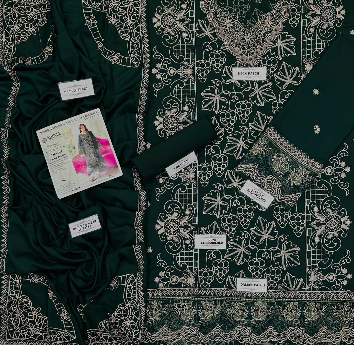 Dark green Mahnur embroidered Dhanak 3 piece suit with a matching embroidered shawl and trouser.   