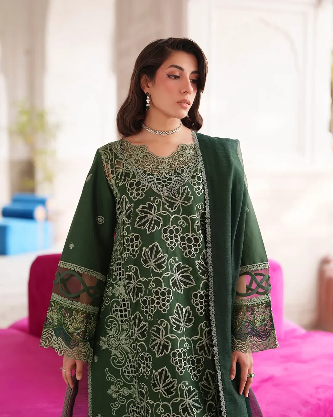 Dark green Mahnur embroidered Dhanak 3 piece suit with a matching embroidered shawl and trouser.   