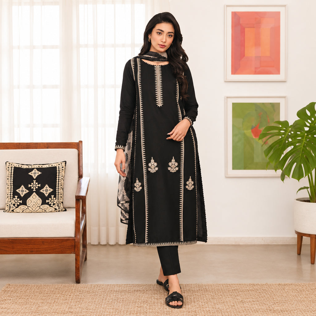 Woman in a black embroidered outfit standing in a living room.