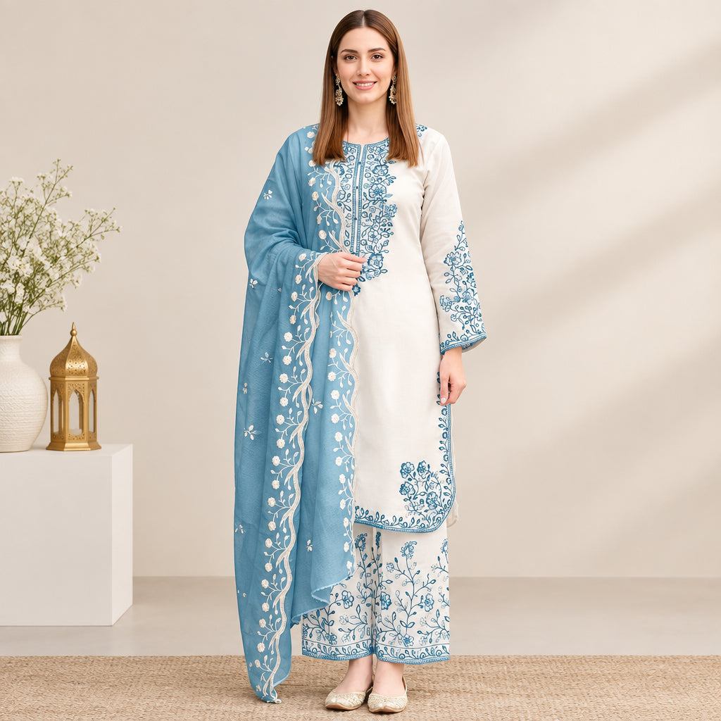 Luxury chiffon heavy embroidered 3 piece unstitched suit with embroidered chiffon dupatta | Muntaha Store