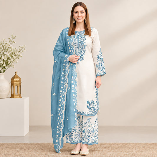 Luxury chiffon heavy embroidered 3 piece unstitched suit with embroidered chiffon dupatta | Muntaha Store