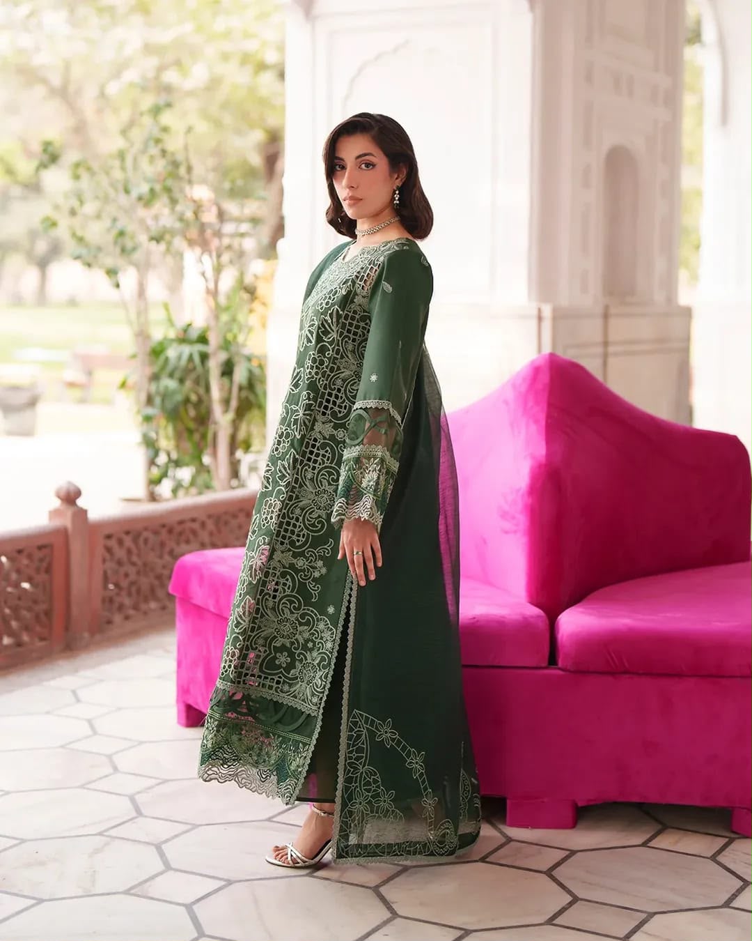 Mahnur embroidered Dhanak 3 piece suit with shawl in dark green | Muntaha Store