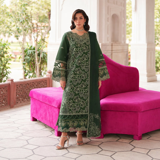 Mahnur embroidered Dhanak 3 piece suit with shawl in dark green | Muntaha Store