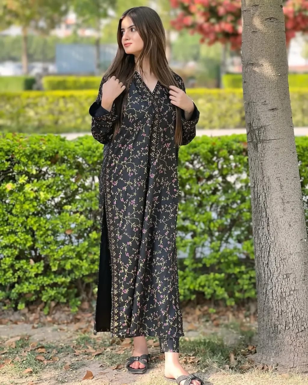 Midnight Gold 2 Piece Printed Arabic Lawn Suit with embroidered neckline and side patches | Muntaha Store