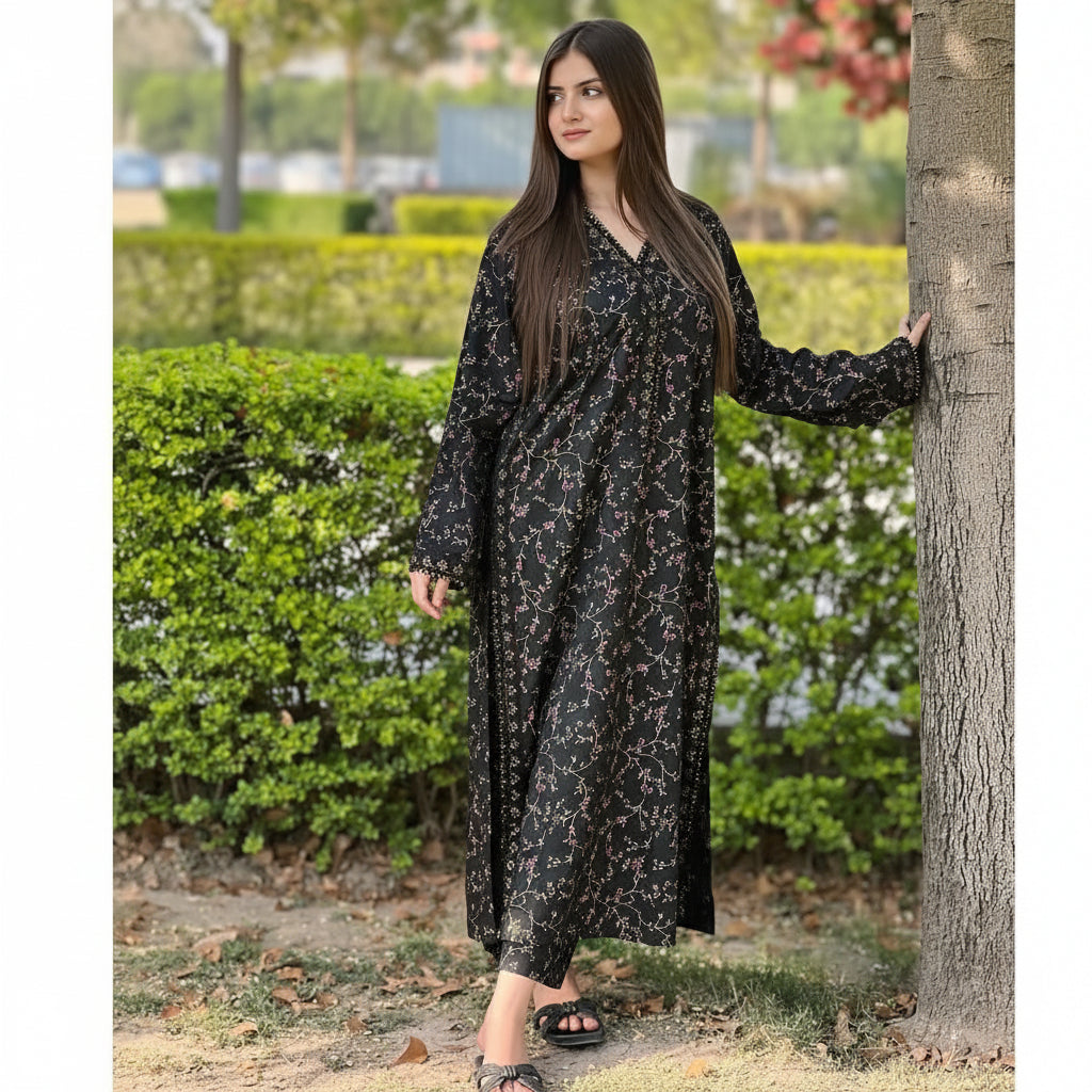 Midnight Gold 2 Piece Printed Arabic Lawn Suit with embroidered neckline and side patches | Muntaha Store